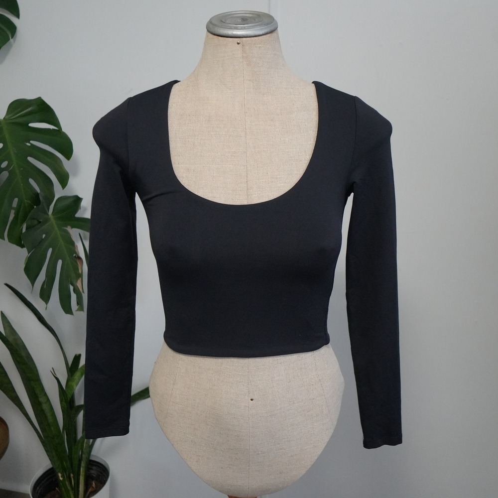 Babaton‎ Contour Scoopneck Crop Top Women XS Black Long Sleeve Slim Fit 83131